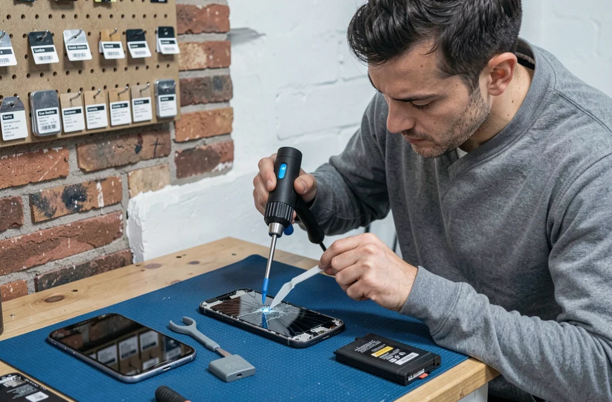 Spécialiste D.R. Phone à Toulon procédant au remplacement d'un écran et d'une batterie de smartphone sur un tapis antistatique