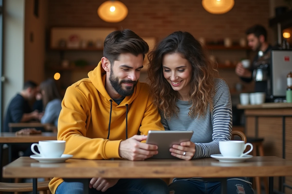 Deux amis discutant d'actualités iPhone et Apple sur une tablette dans un café parisien chaleureux