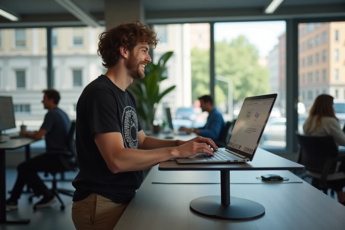 Développeur jeune riant devant son ordinateur portable affichant l'Easter egg Google 'do a barrel roll' dans un espace de coworking moderne