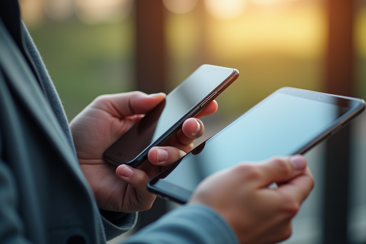 Mains tenant smartphone et tablette avec interfaces modernes