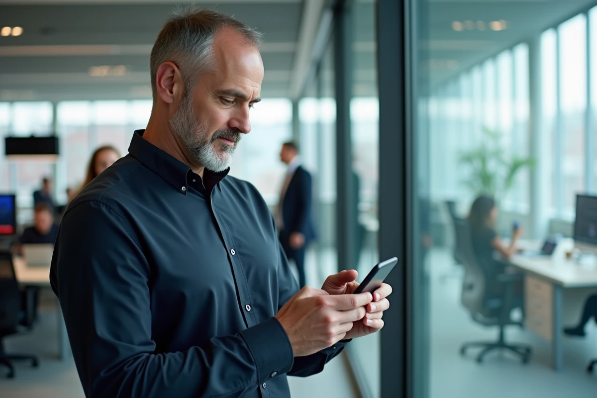Homme consultant le portail EDocPerso fr sur smartphone dans un environnement de bureau professionnel