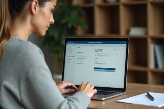 Femme utilisant un ordinateur portable pour activer son espace EDocPerso fr depuis un bureau à domicile