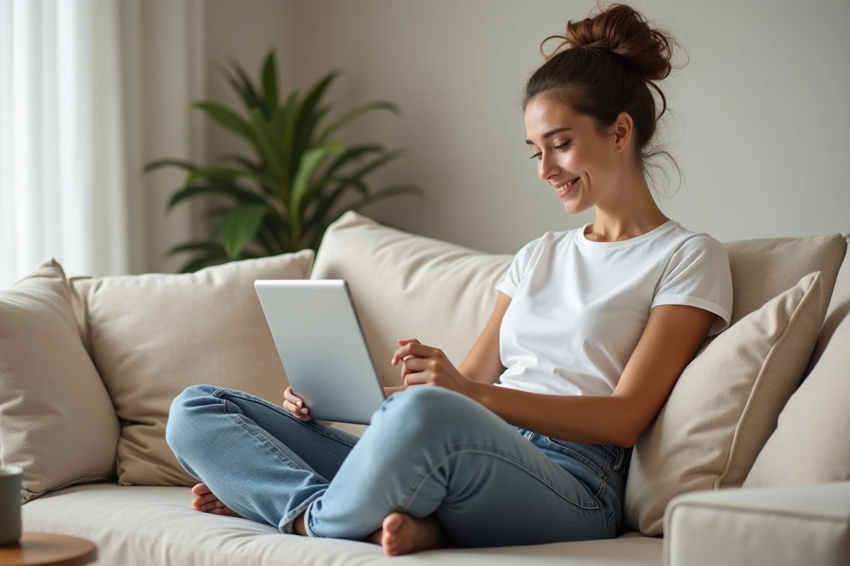 Jeune femme comparant l'accès à EDocPerso fr sur tablette depuis son salon à domicile