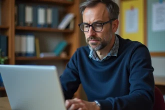 Enseignant de l'académie de Grenoble consultant son webmail académique sur un ordinateur portable dans une salle des professeurs