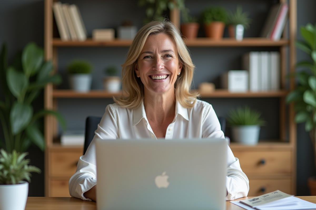 Enseignante souriante donnant un retour en visioconference depuis un bureau