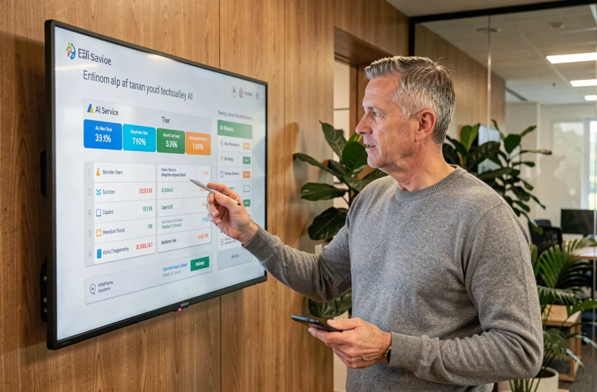 Entrepreneur analysant les niveaux de tarification d'un outil d'IA sur un tableau numérique dans un espace de coworking