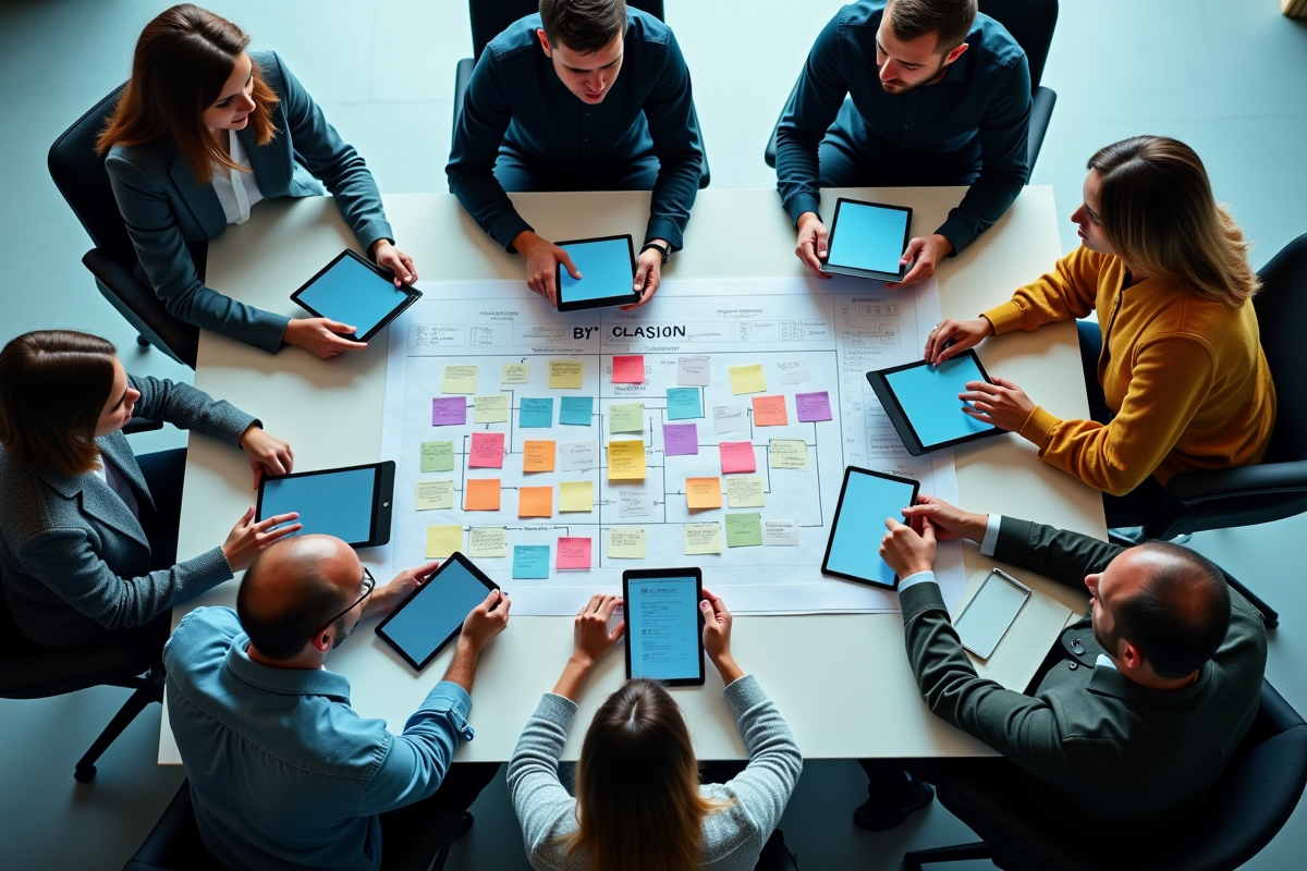 Equipe marketing discutant autour de tableaux SEO et notes colorées