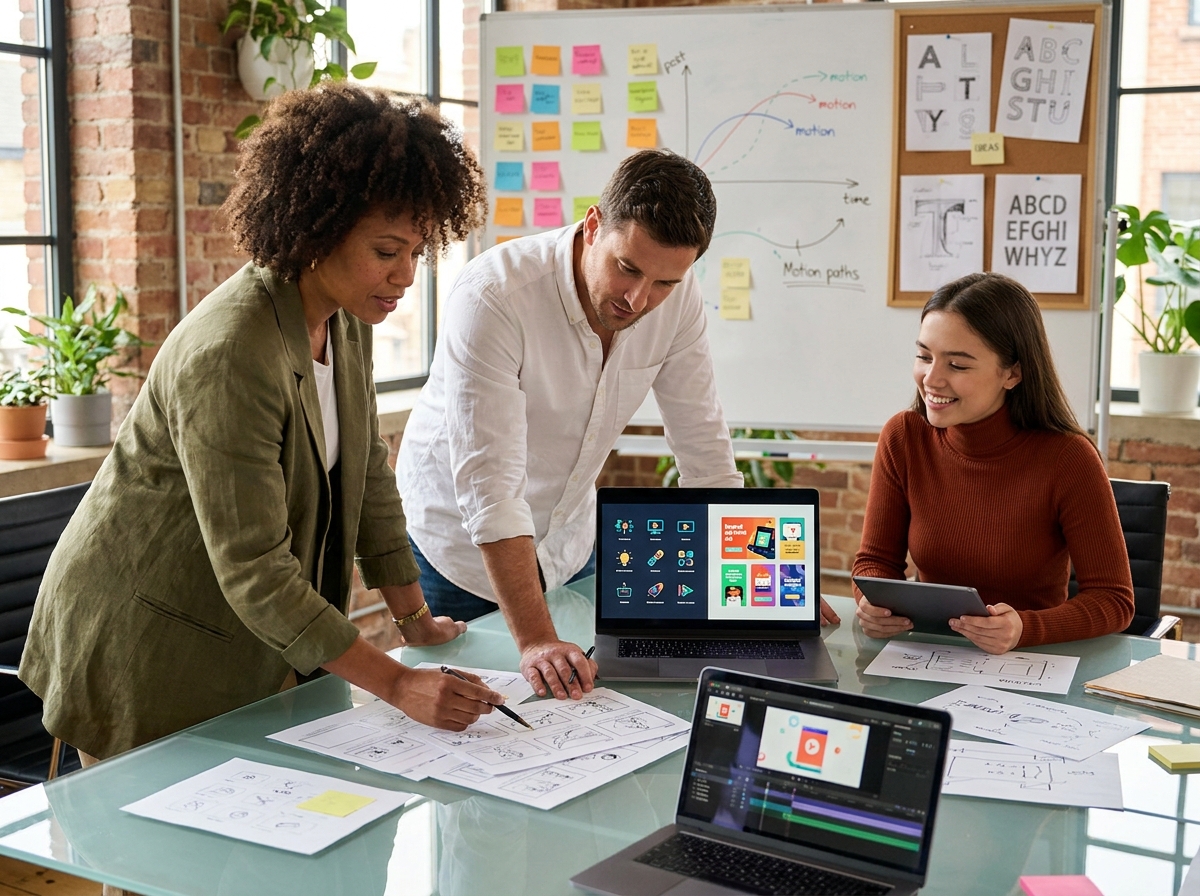 Équipe créative collaborant sur des storyboards et des maquettes de motion design pour des campagnes de vidéos social ads en agence
