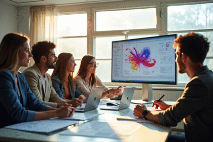 Groupe divers collaborant dans un bureau lumineux pour le design digital