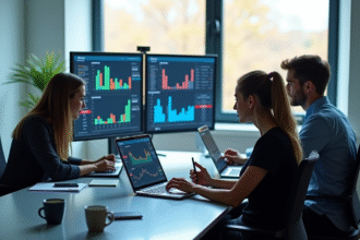 Equipe marketing moderne analysant des données SEO sur des ordinateurs