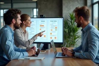 Équipe produit B2B analysant une roadmap feature by feature sur un écran Kanban dans un open-space moderne