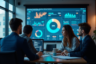 Equipe diversifiee analysant des donnees en bureau moderne