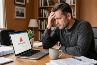Homme frustré devant son ordinateur portable affichant une erreur de connexion Dopriv dans un bureau à domicile