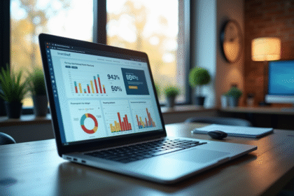 Espace de travail moderne avec écran d'ordinateur affichant des analyses SEO
