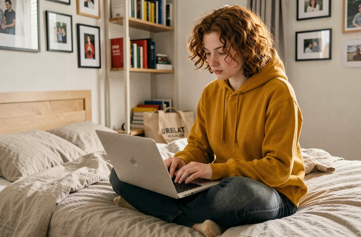 Jeune étudiant utilisant un traitement de texte gratuit sur MacBook Air dans une chambre étudiante confortable