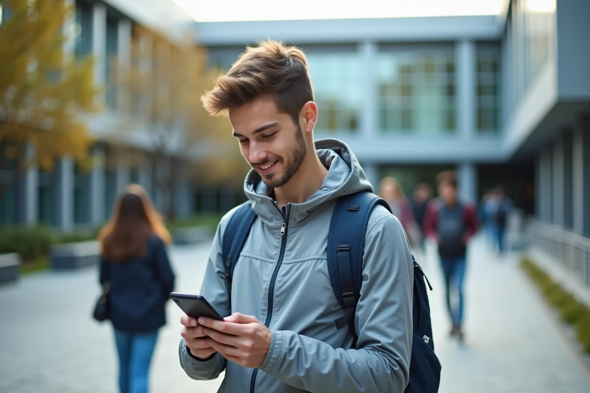 Étudiant de l'Unicaen consultant sa messagerie Zimbra sur smartphone dans la cour du campus de Caen