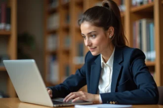 Étudiante AgroParisTech rédigeant un mail professionnel de candidature de stage sur son ordinateur portable en bibliothèque universitaire