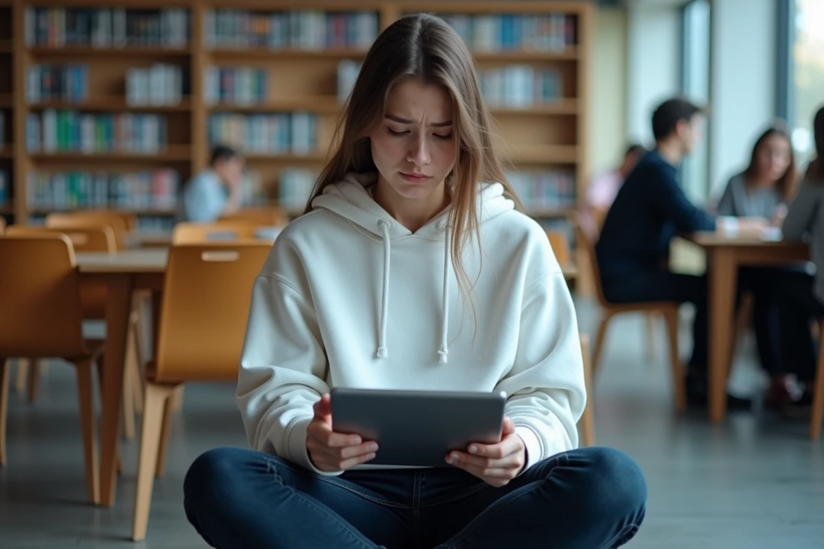 Étudiante consultant une erreur de connexion au webmail de l'académie sur une tablette en bibliothèque