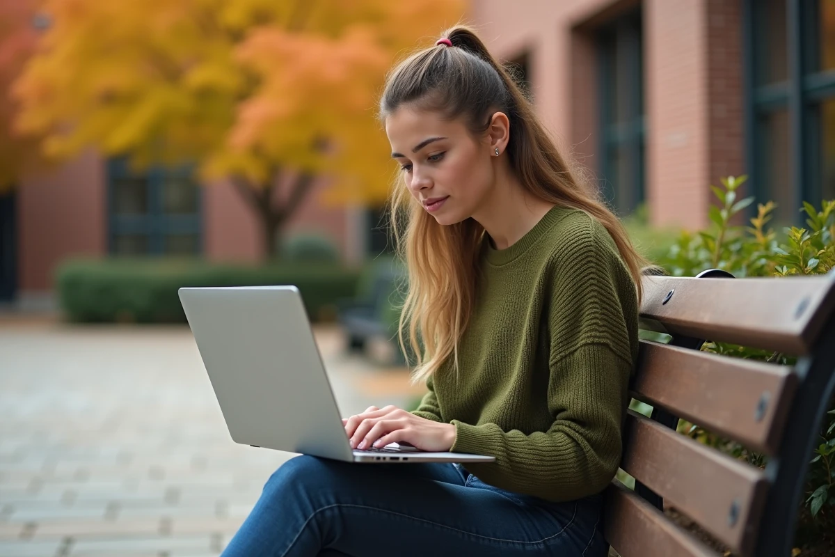 Étudiante relisant un email de candidature de stage sur son ordinateur portable en extérieur sur le campus universitaire en automne