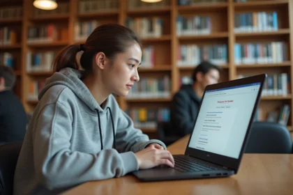 Étudiante de l'université de Caen accédant à sa messagerie Zimbra sur un ordinateur portable dans une bibliothèque universitaire