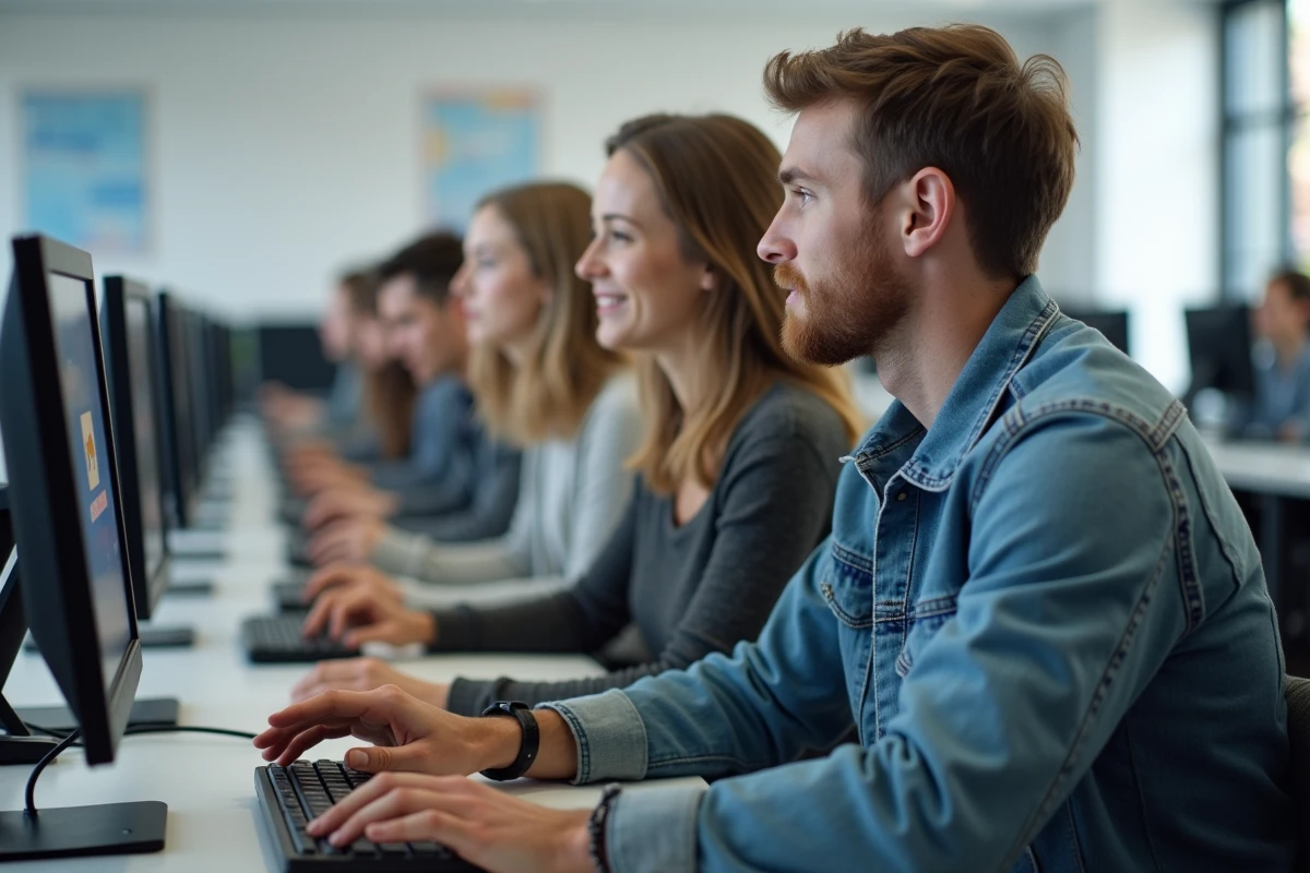 Deux étudiants de l'Unicaen utilisant ensemble un poste informatique pour accéder à Zimbra dans une salle informatique universitaire à Caen