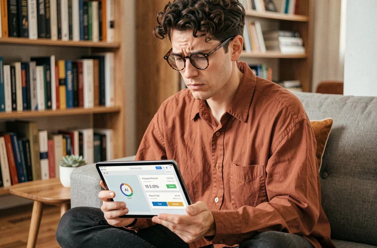 Jeune professionnel évaluant les offres tarifaires d'une intelligence artificielle sur une tablette depuis son bureau à domicile