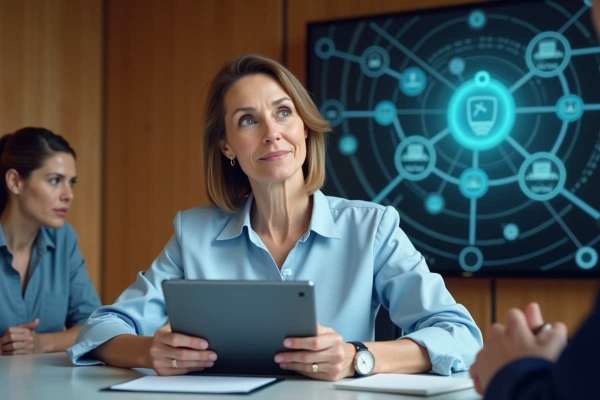 Femme experte en cybersécurité lors d une réunion avec un tableau digital