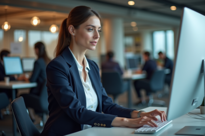 Femme d'affaires en blazer bleu regardant un écran numérique
