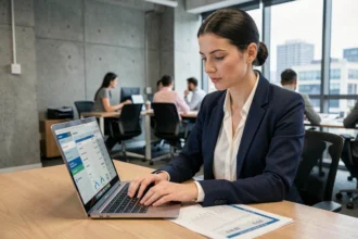 Femme professionnelle comparant les prix d'une solution d'intelligence artificielle sur son ordinateur portable en open space