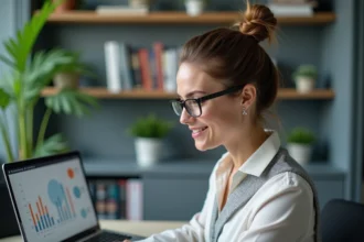 Femme professionnelle analysant des graphiques dans un bureau moderne