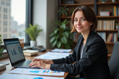 Jeune femme analysant des graphiques dans son bureau moderne