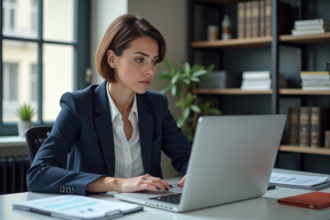 Femme d'affaires analysant des données SEO dans un bureau parisien