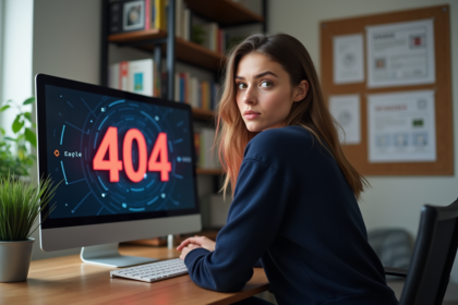 Jeune femme au bureau face à un écran 404 erreur