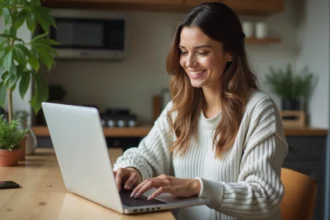 Femme assise à une table de cuisine en souriant