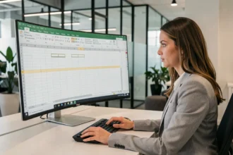 Femme professionnelle utilisant Excel pour supprimer des lignes vides dans un tableur sur grand écran de bureau