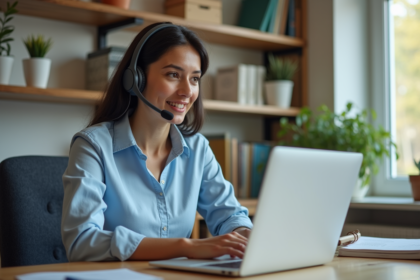 Femme parlant en ligne dans un bureau lumineux