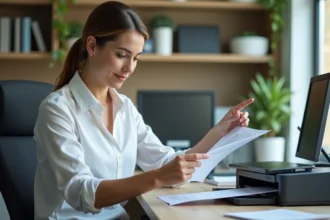 Femme d'âge moyen utilisant une imprimante moderne dans un bureau