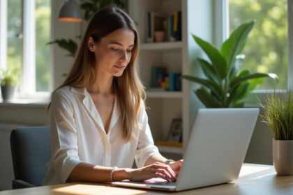Jeune femme au bureau à domicile travaillant sur son ordinateur