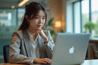 Jeune femme au bureau utilisant un laptop avec interface moderne