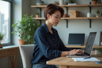 Femme travaillant sur un ordinateur dans un bureau moderne