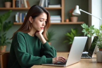 Jeune femme utilisant un ordinateur portable dans un bureau lumineux