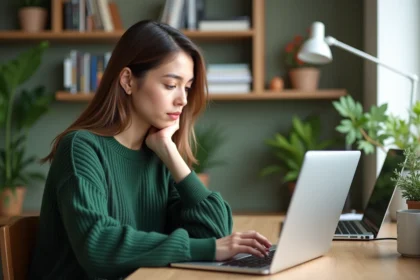 Jeune femme utilisant un ordinateur portable dans un bureau lumineux