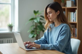 Jeune femme au bureau avec ordinateur portable en intérieur
