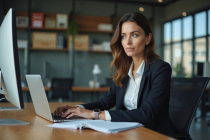 Femme d affaires concentrée travaillant sur un ordinateur dans un bureau moderne