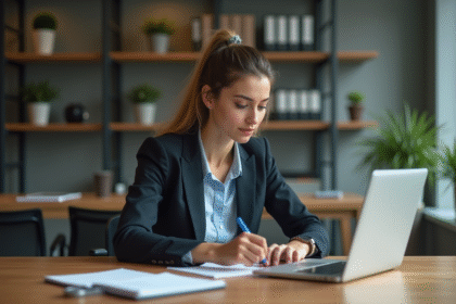 Femme professionnelle en bureau moderne en train de revoir ses notes