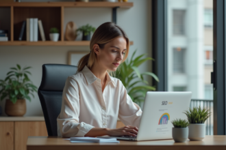 Jeune femme professionnelle analysant des graphiques SEO