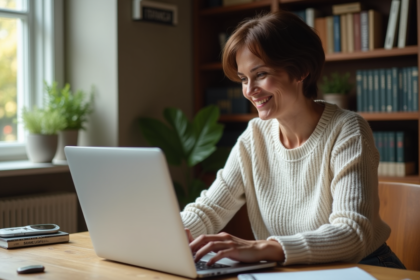 Femme d'âge moyen travaillant sur un ordinateur portable dans un appartement lumineux