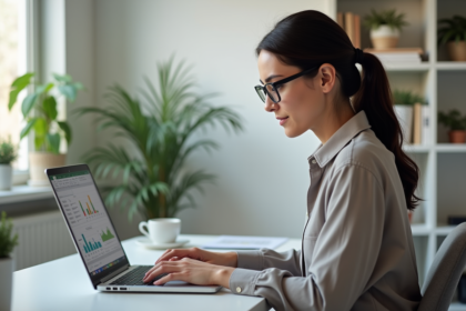 Jeune femme au bureau remplissant un sondage Excel sur son ordinateur