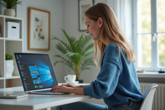 Jeune femme au bureau regardant Windows 10