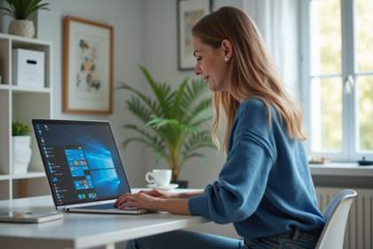 Jeune femme au bureau regardant Windows 10